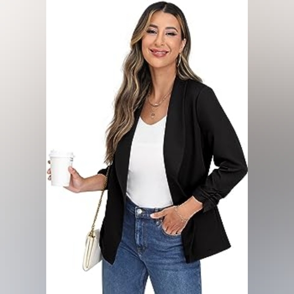 Womens Blazer Jacket for Women 3/4 Ruched Sleeve Work Casual Blazer with Pocket - Picture 4 of 7